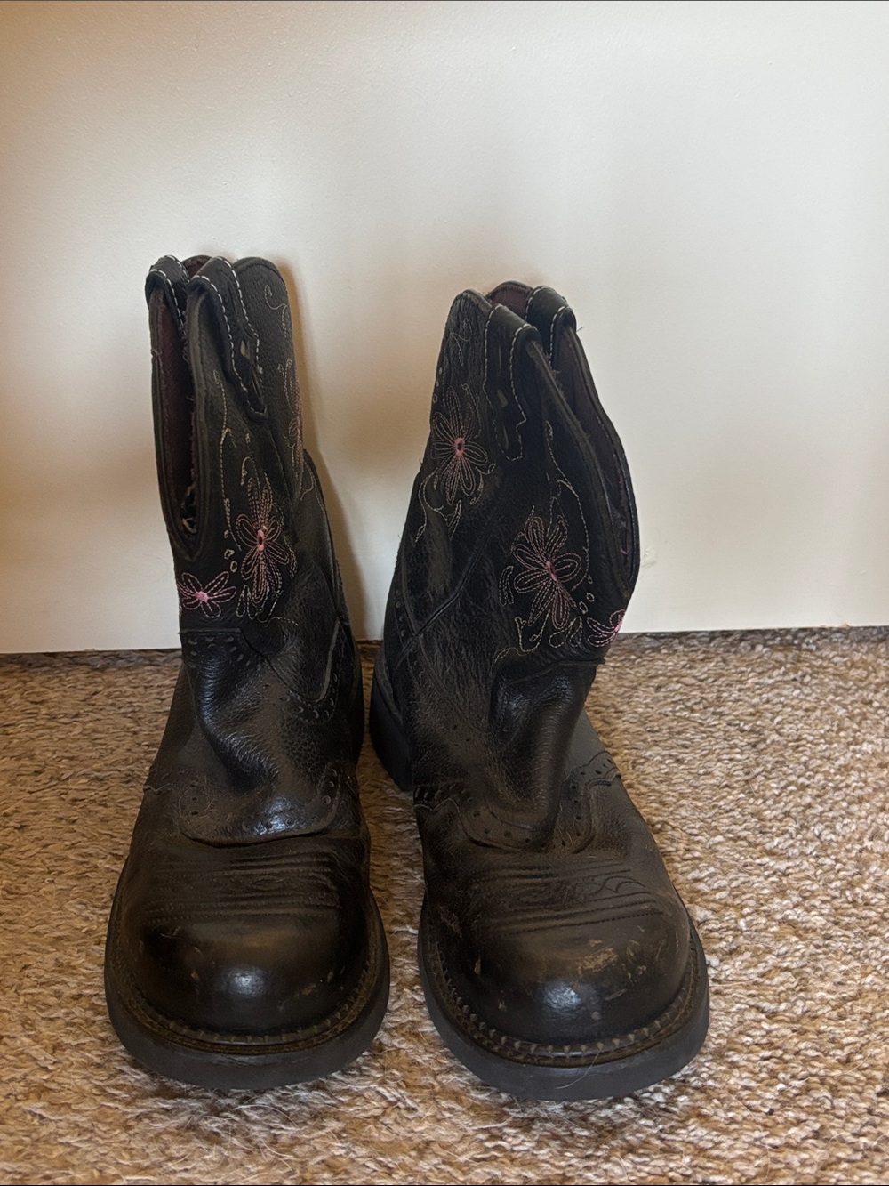 Justin Boots Black Leather Western Work Boots with Pink Flower Stitching - Picture 3 of 4